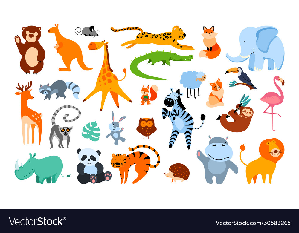 Big set cute cartoon animals Royalty Free Vector Image