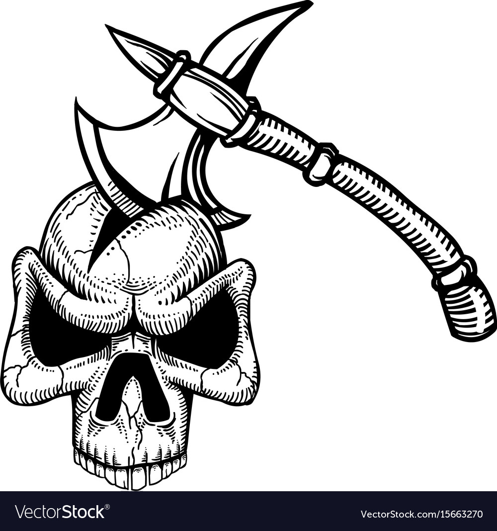 Cartoon image of axe in skull Royalty Free Vector Image