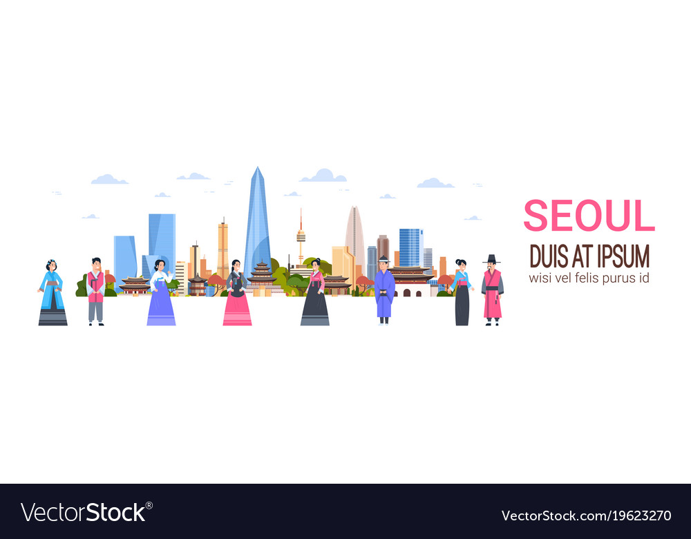 People In Traditional Korean Costumes Over Seoul Vector Image