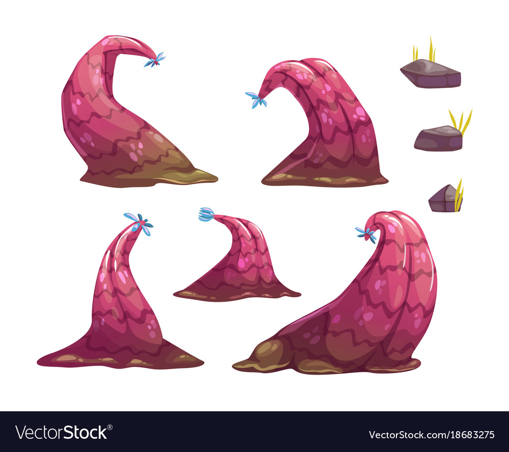 Cartoon fantasy alien monster plants and stones