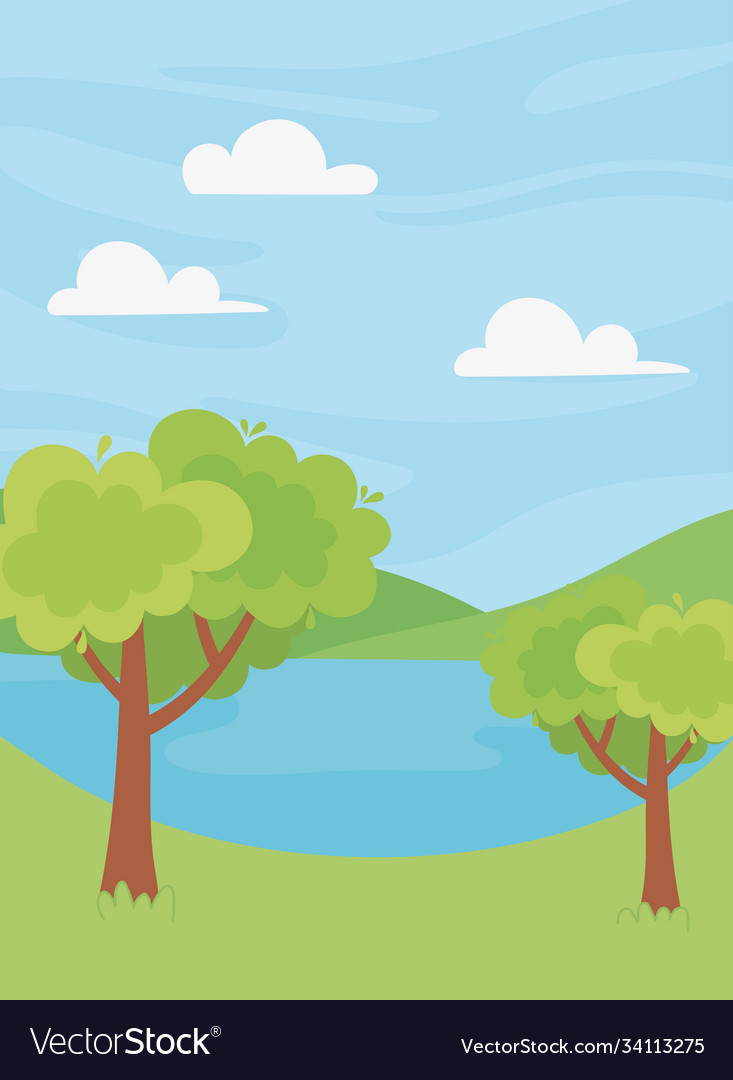 Landscape lake trees vegetation hills nature Vector Image