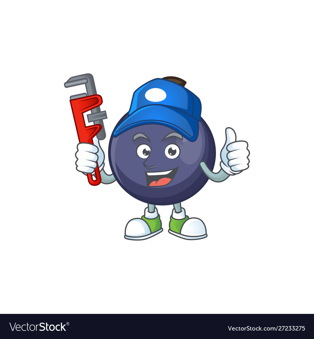 Plumber blackcurrant cartoon mascot on white