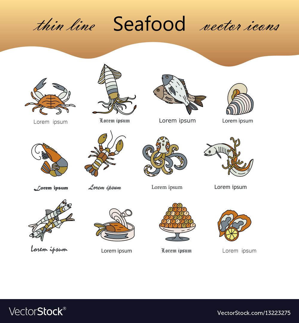 Seafood thin line icons set