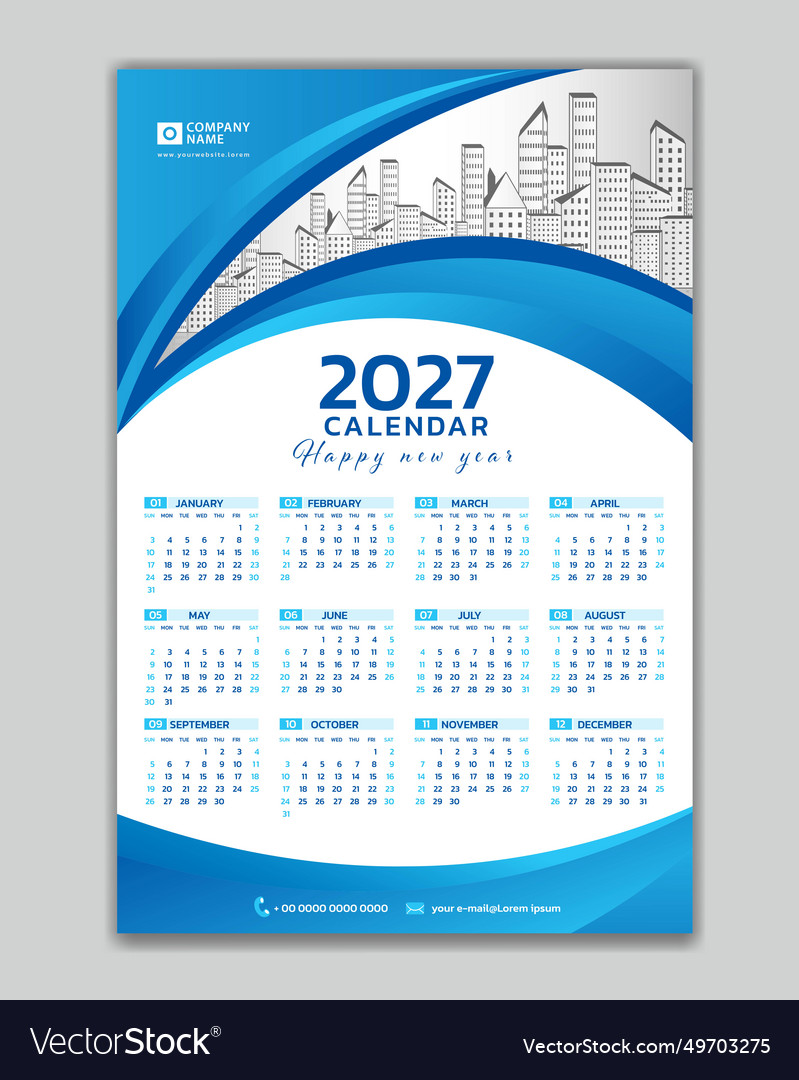 Wall calendar 2027 year blue template Royalty Free Vector