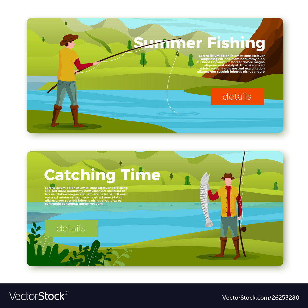 Banners - fisherman on river with rod prey Vector Image