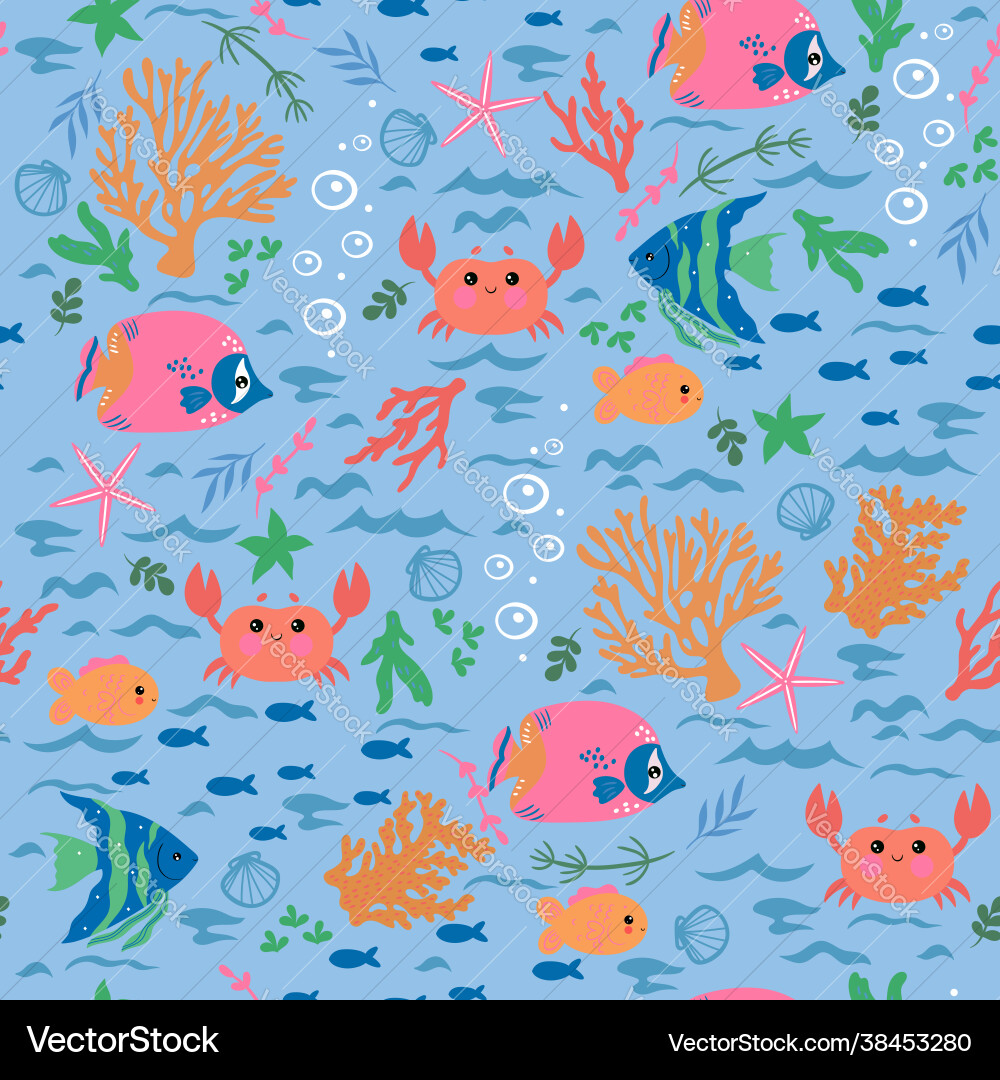 Seamless pattern with crabs fish corals algae Vector Image