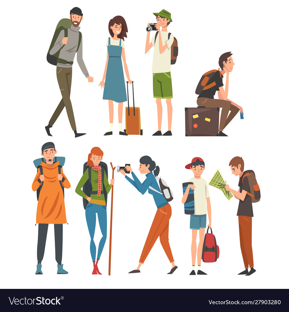 Tourists travelling set people having summer Vector Image