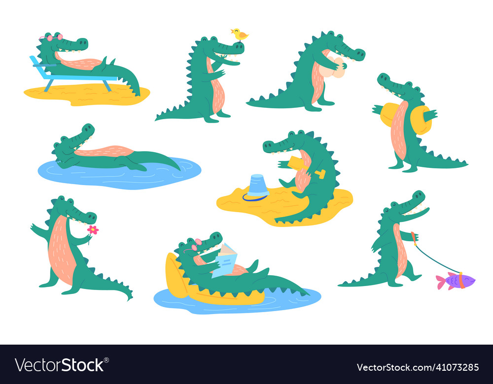 Cartoon color character cute crocodile icon set Vector Image