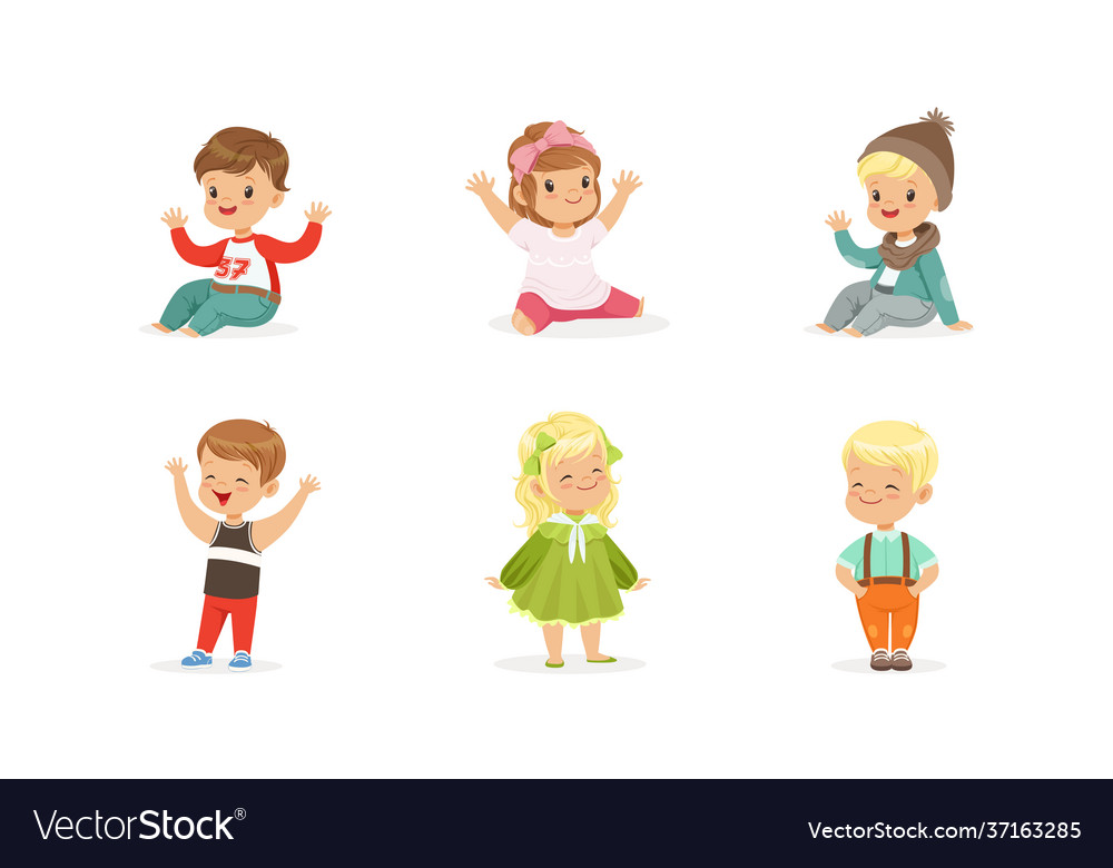 Cute adorable kids set cheerful boys and girls