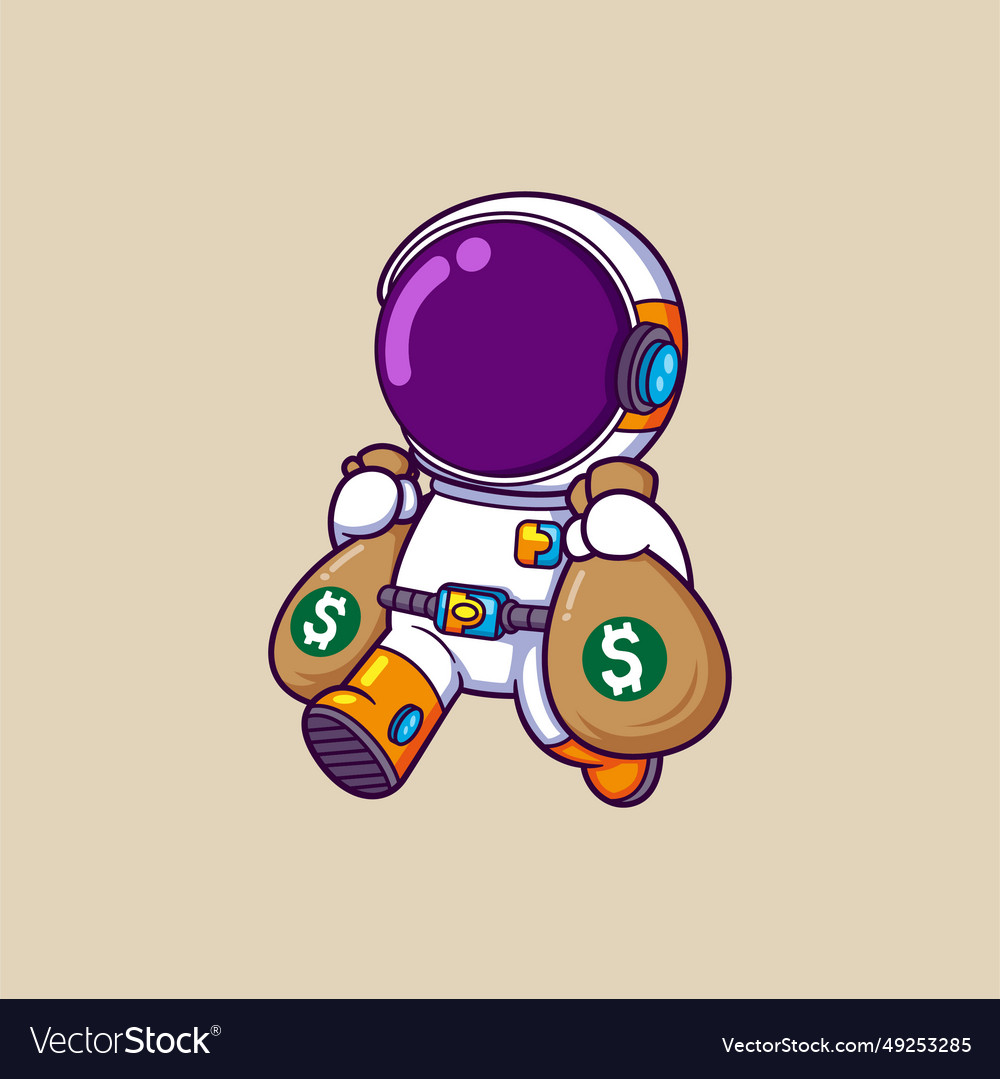 Cute astronaut holding money bag cartoon character