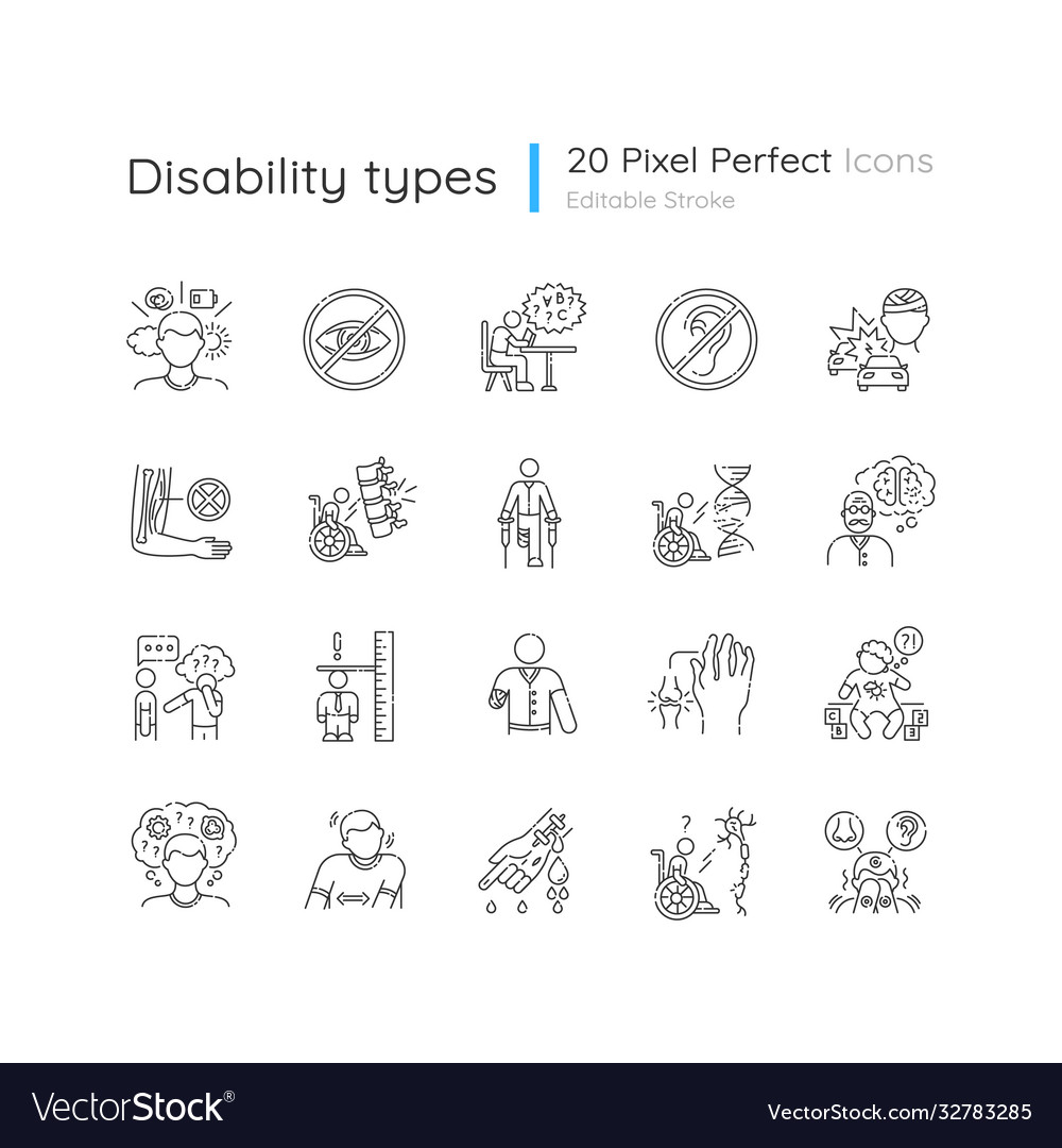 Disability types linear icons set