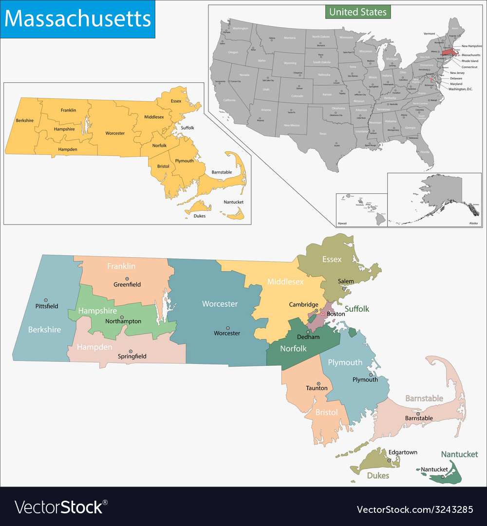 Massachusetts map Royalty Free Vector Image - VectorStock