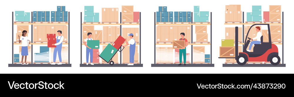 Factory warehouse set workers carry boxes Vector Image