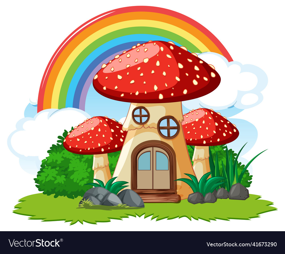 Fantasy mushroom house with rainbow in the sky Vector Image