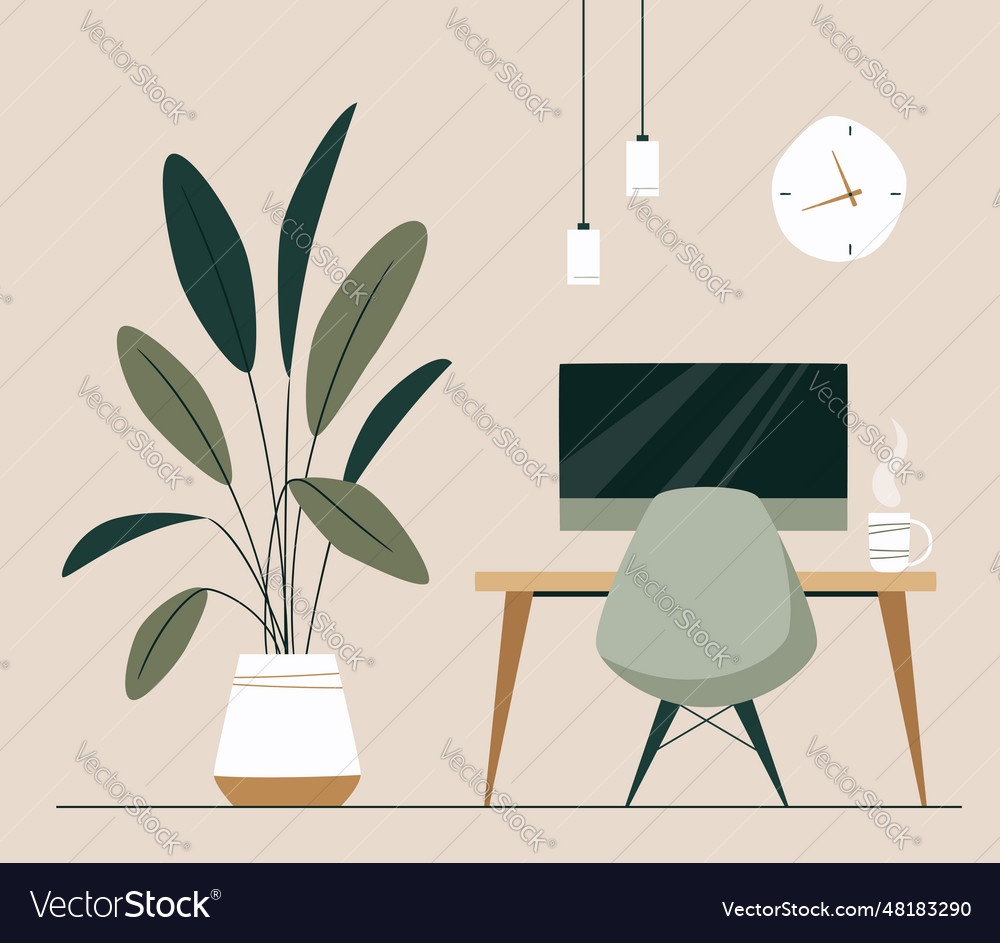 Workspace with desk desktop computer plant Vector Image