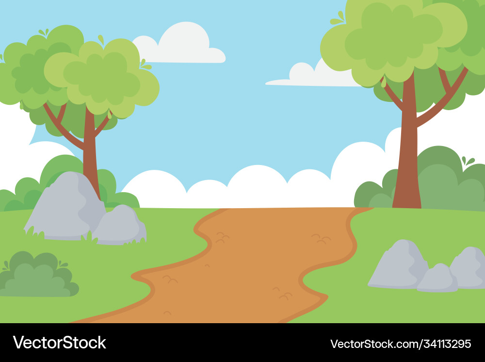 Landscape rural path trees bushes stones and sky Vector Image