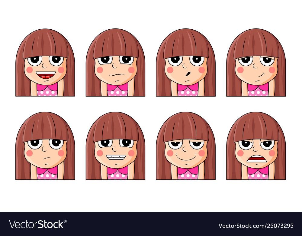 Set Female Facial Emotions Cute Girl Emoji Vector Image