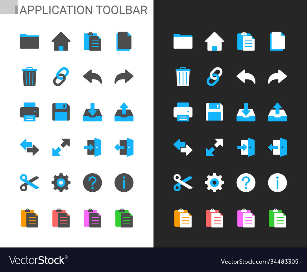 Application toolbar icons light and dark theme Vector Image