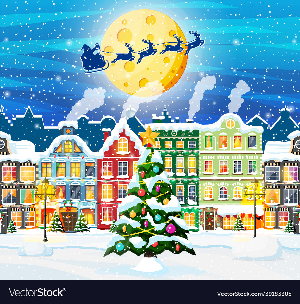 Christmas card with urban landscape and snowfall Vector Image