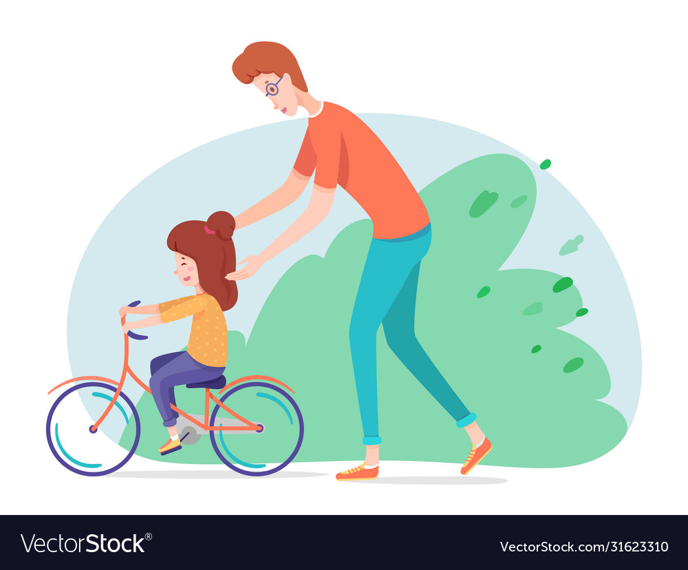 Father teaching daughter riding bicycle in yard