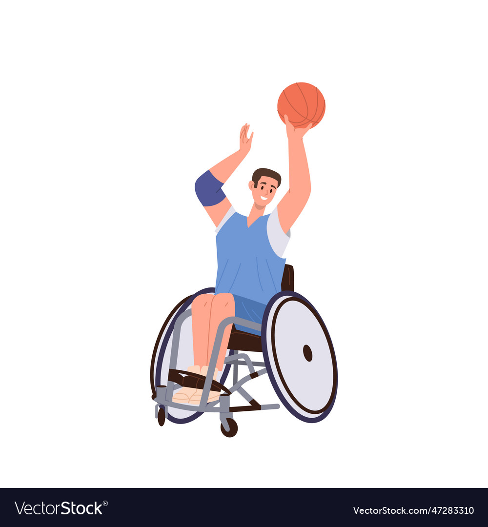 Young athletic man sitting in wheelchair playing