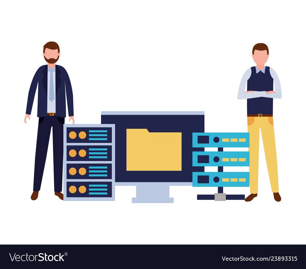 Businessmen with computer database Royalty Free Vector Image