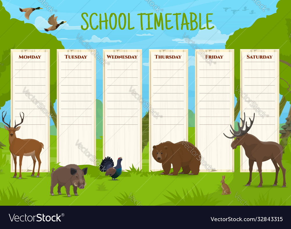 School timetable schedule with wild animals Vector Image School timetable schedule with wild animals Vector Image