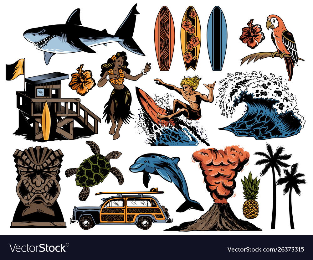 Sommerparadies Surfing Vintage Retro Set Icons