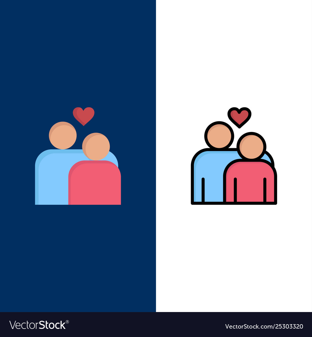 Couple love marriage heart icons flat and line