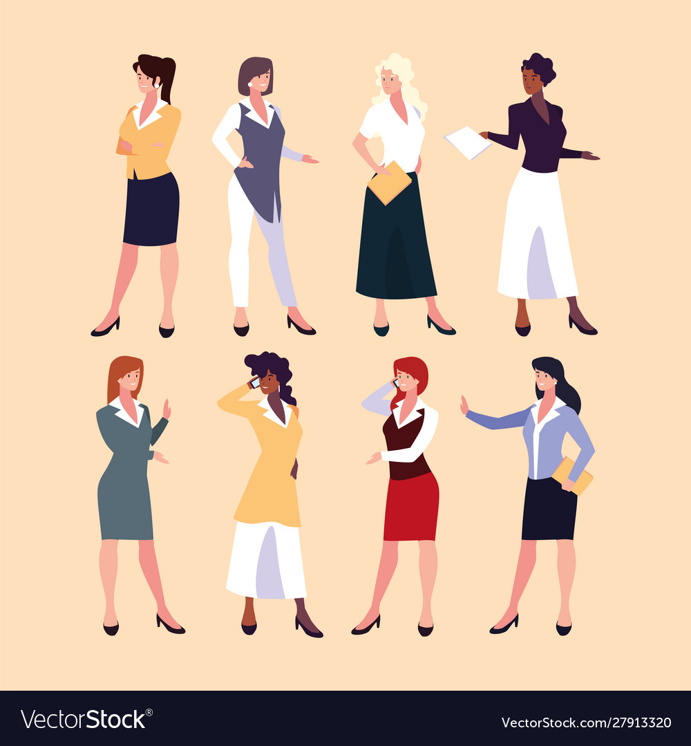 Set businesswomen with various views poses