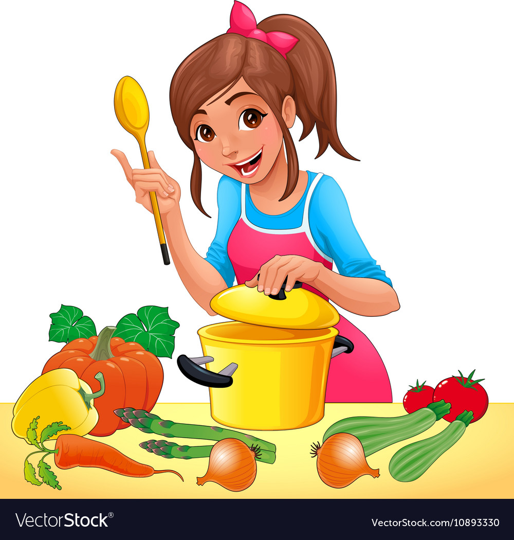 Girl Is Cooking With Several Vegetables Royalty Free Vector