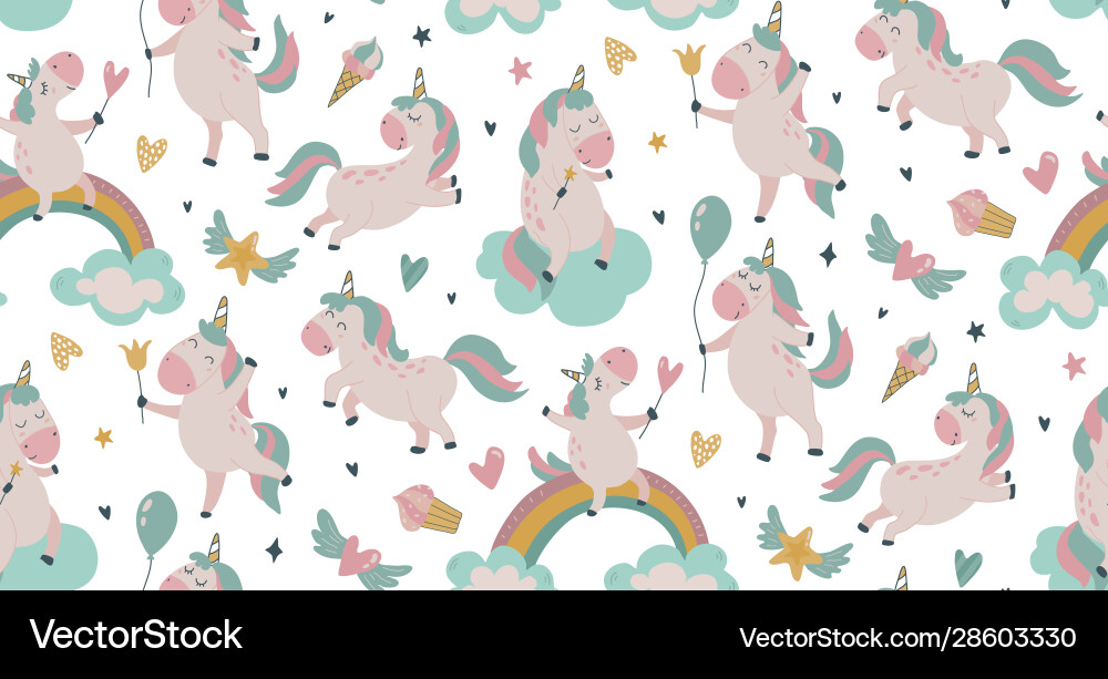 Seamless pattern with cute unicorns clouds Vector Image