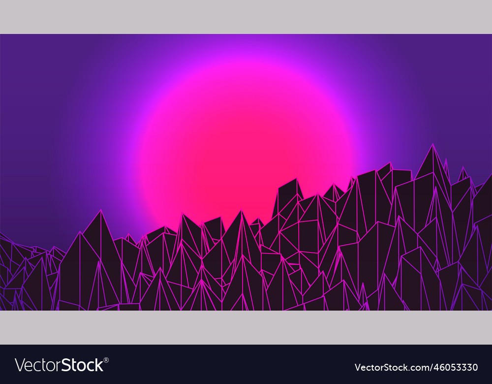 Synthwave sunset background sun over low poly 3d