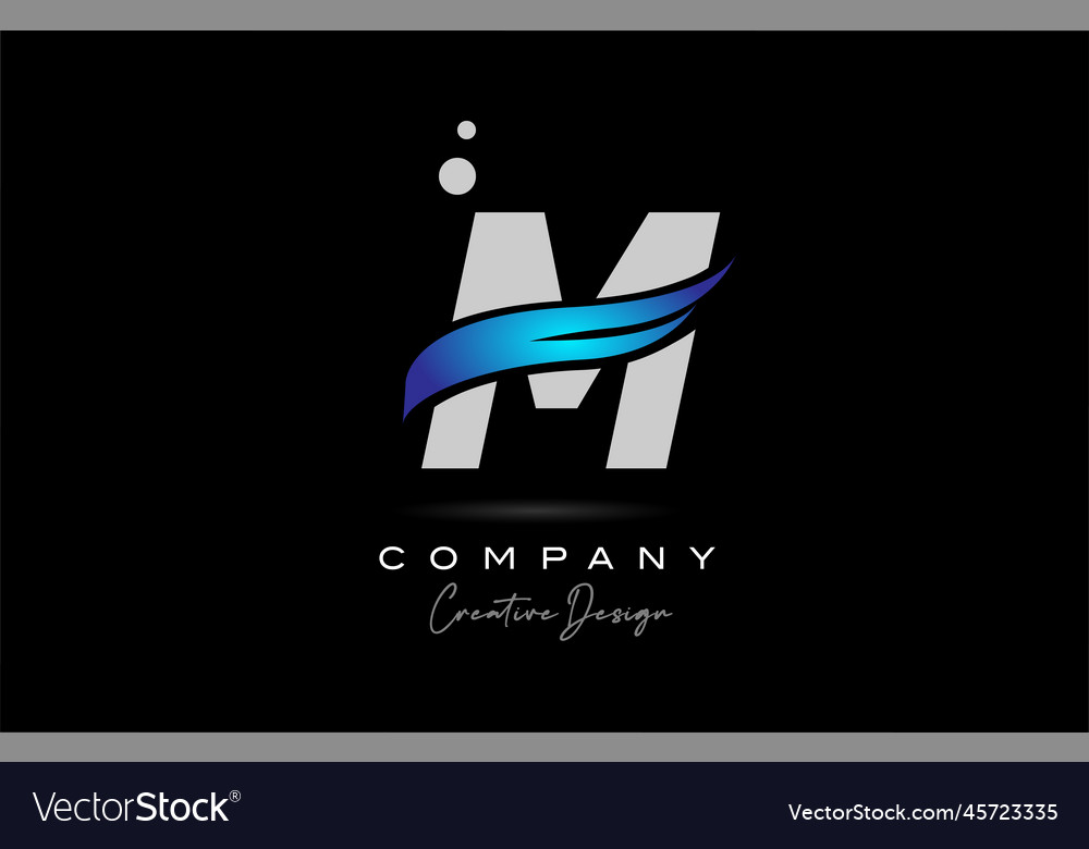 M grey alphabet letter logo icon with blue swoosh