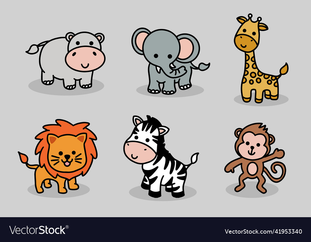 Cute animal set hippo elephant giraffe lion zebra