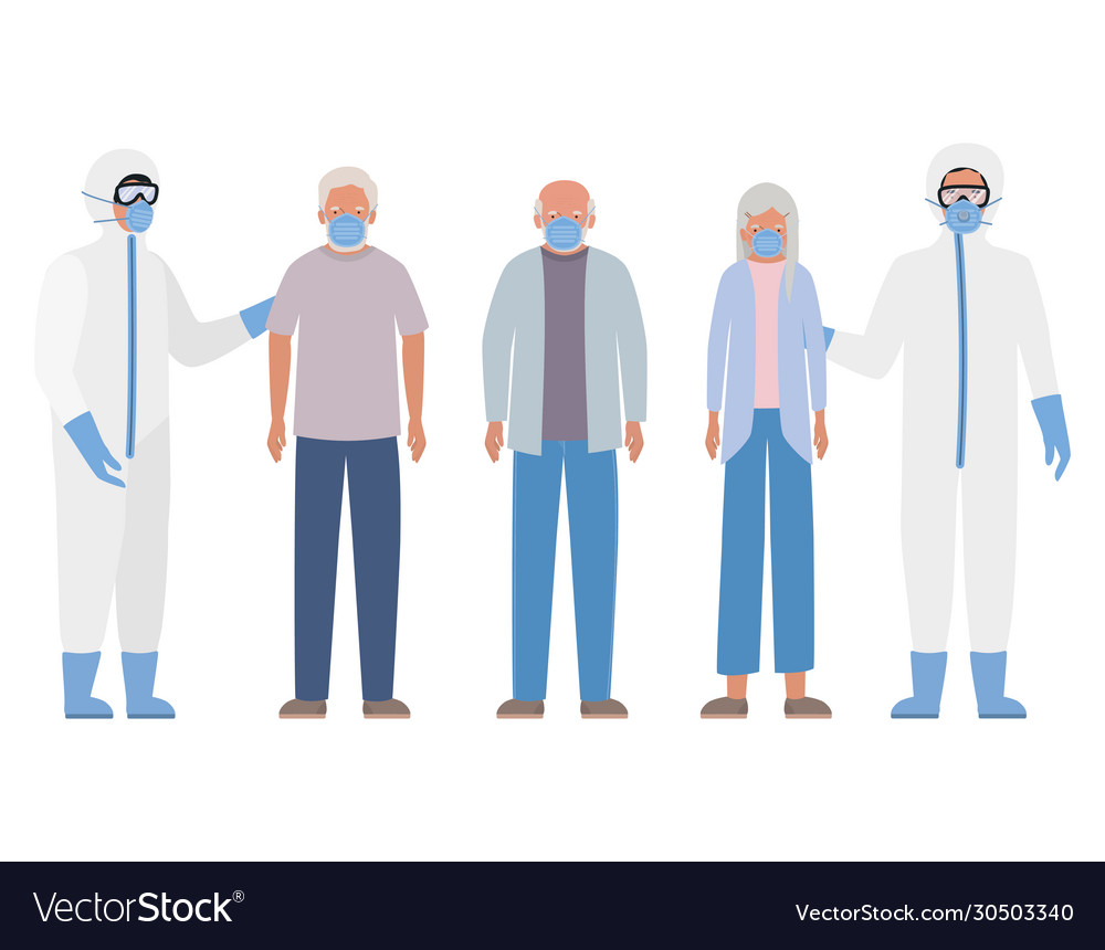 Elder woman and men with masks doctors