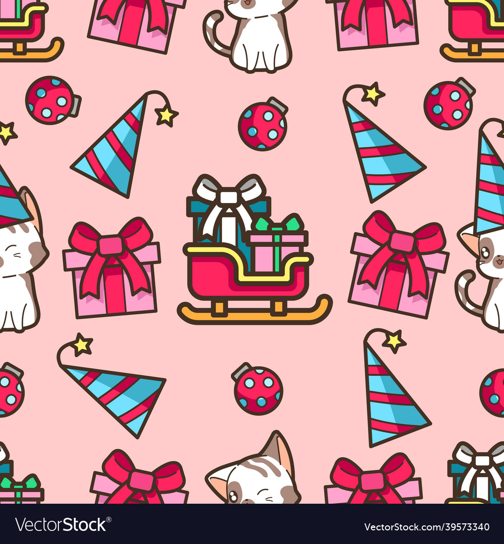 Seamless cat and sleigh in christmas party pattern