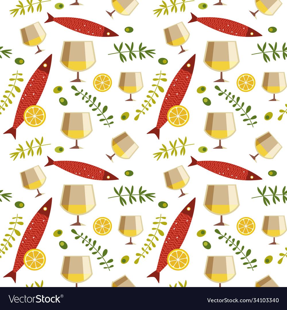 White wine glass and fresh fish seamless pattern