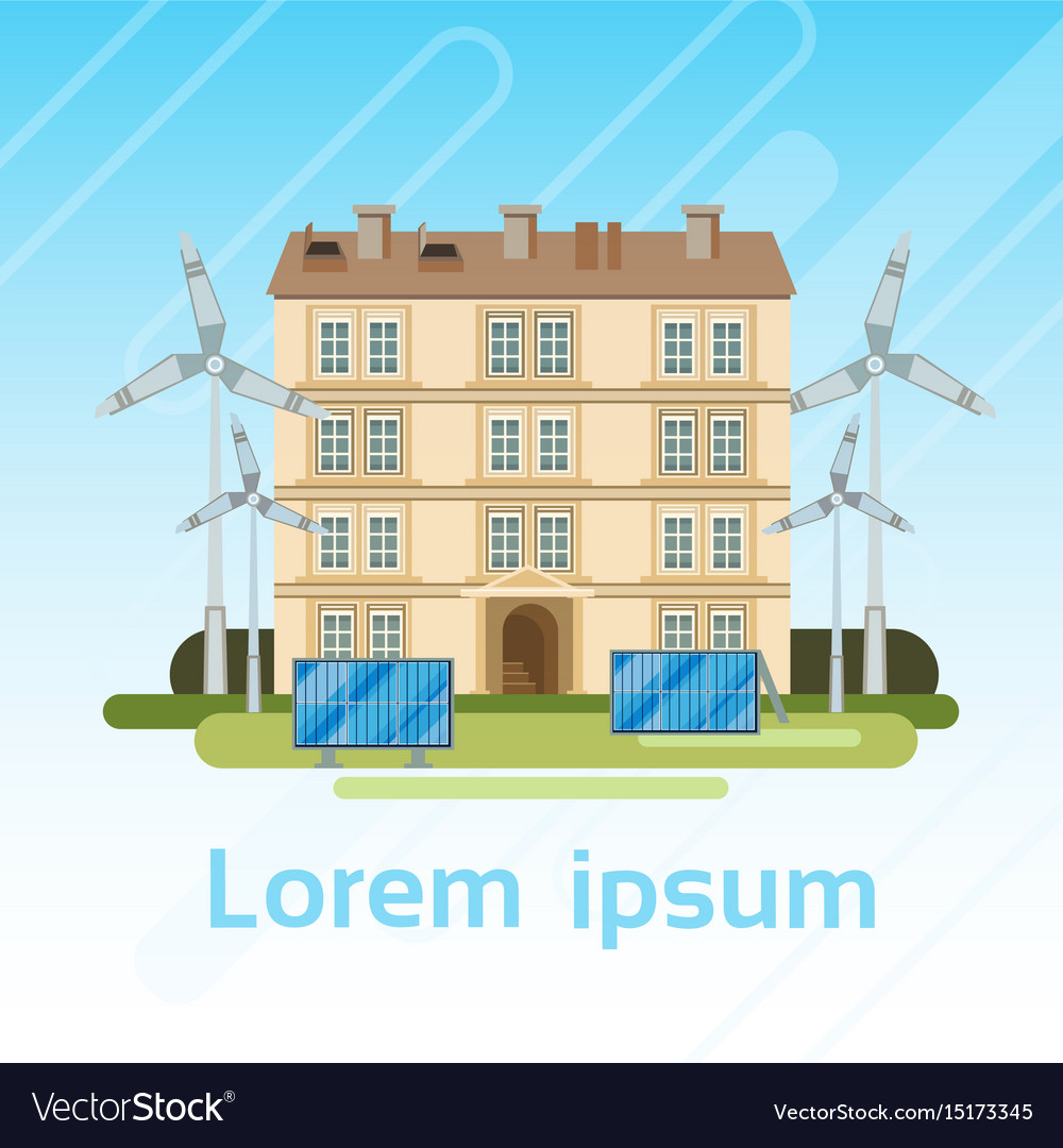 House building with wind turbine and solar panels