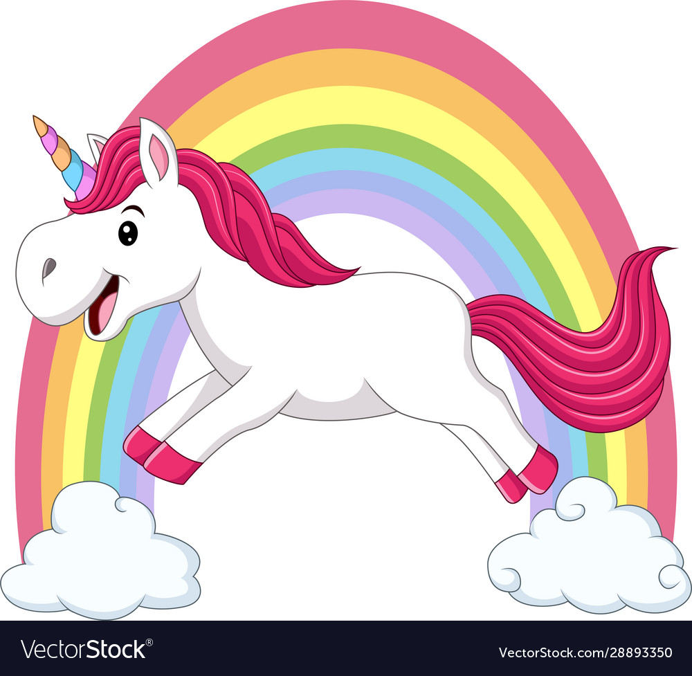 Cute magical unicorn walking on clouds