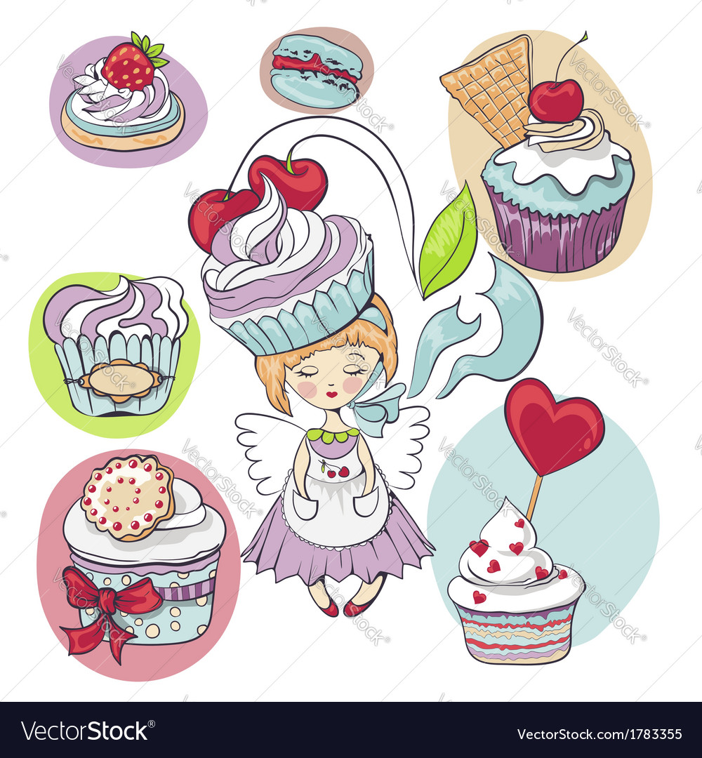 Girl with cake on her head isolated set of cupcake