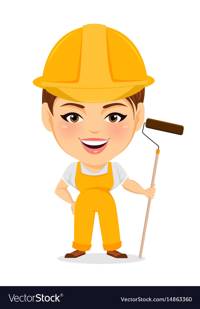 Builder woman funny female worker with big head