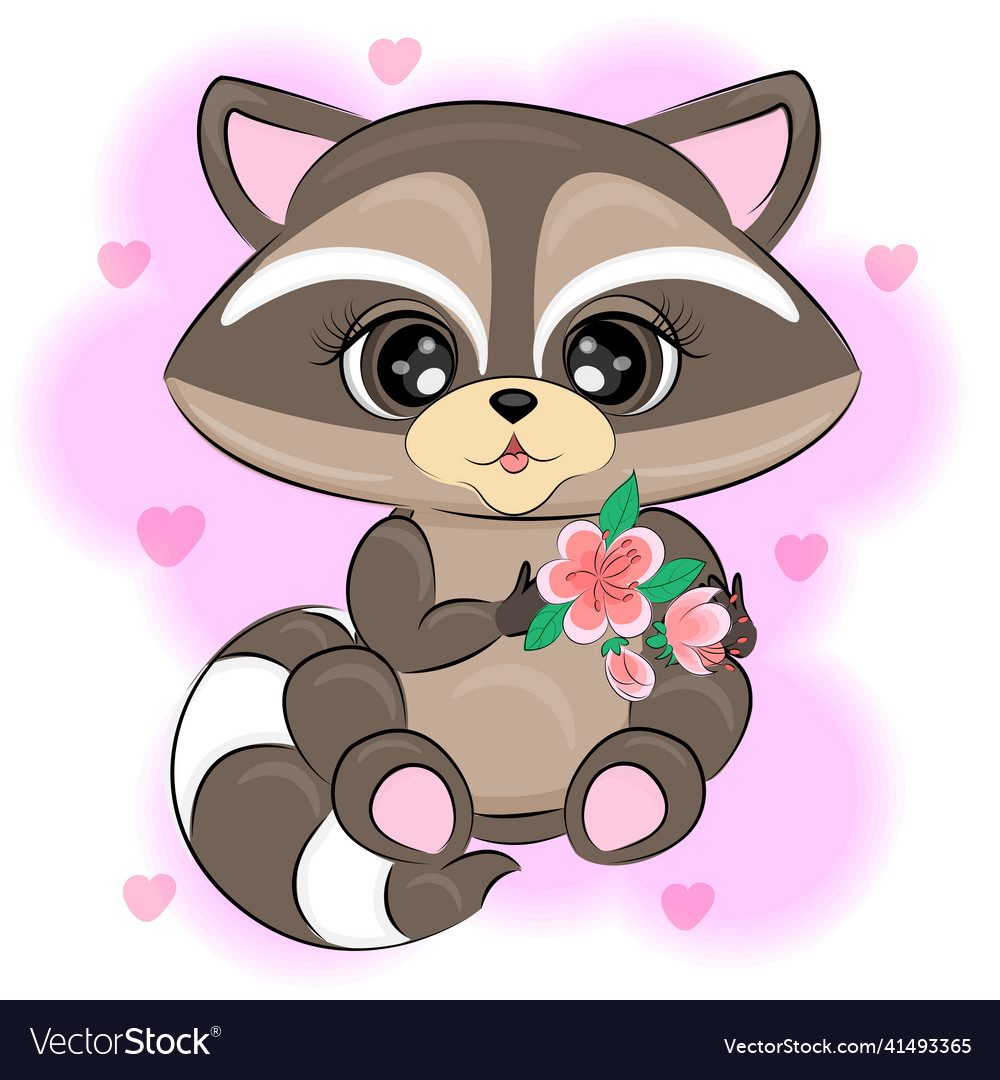 Funny Raccoon With Flower Cute Cartoon Raccoon Vector Image