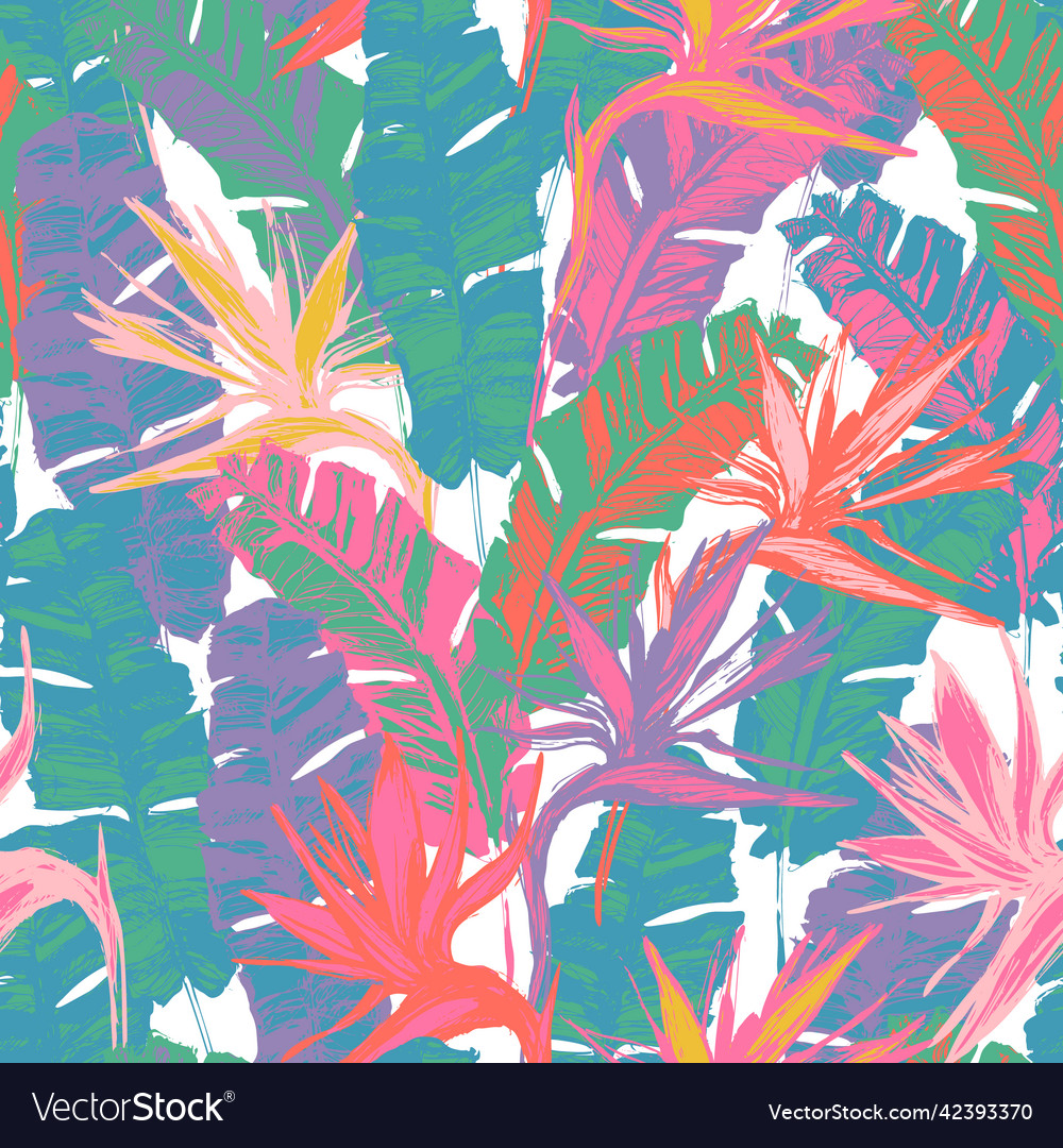 Bright grunge tropical flowers and leaves Vector Image