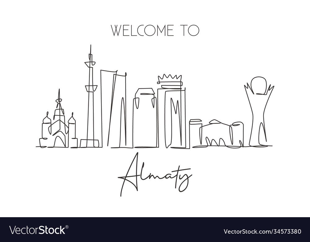 One continuous line drawing almaty city Royalty Free Vector