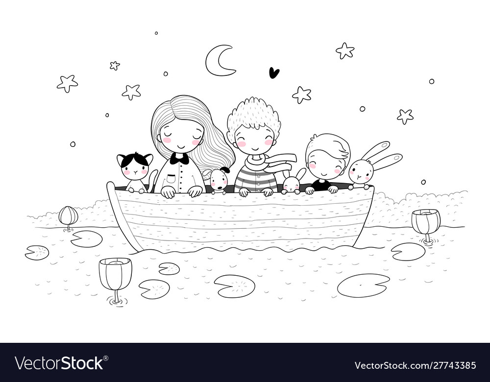 Cute cartoon kids in boat funny hares Royalty Free Vector