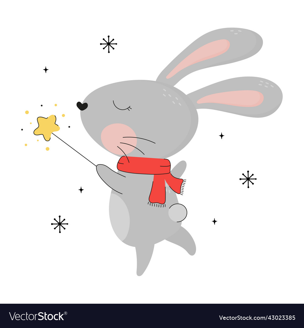 Happy new year funny bunny with a magic wand