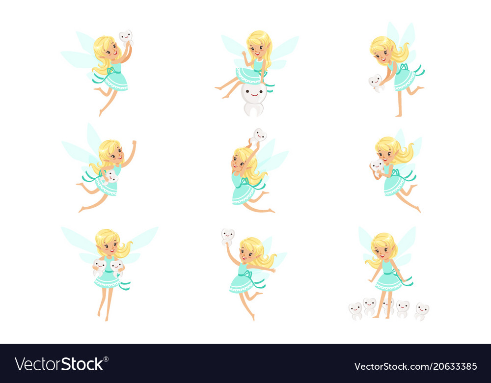 Tooth fairy blond little girl in blue dress with Vector Image