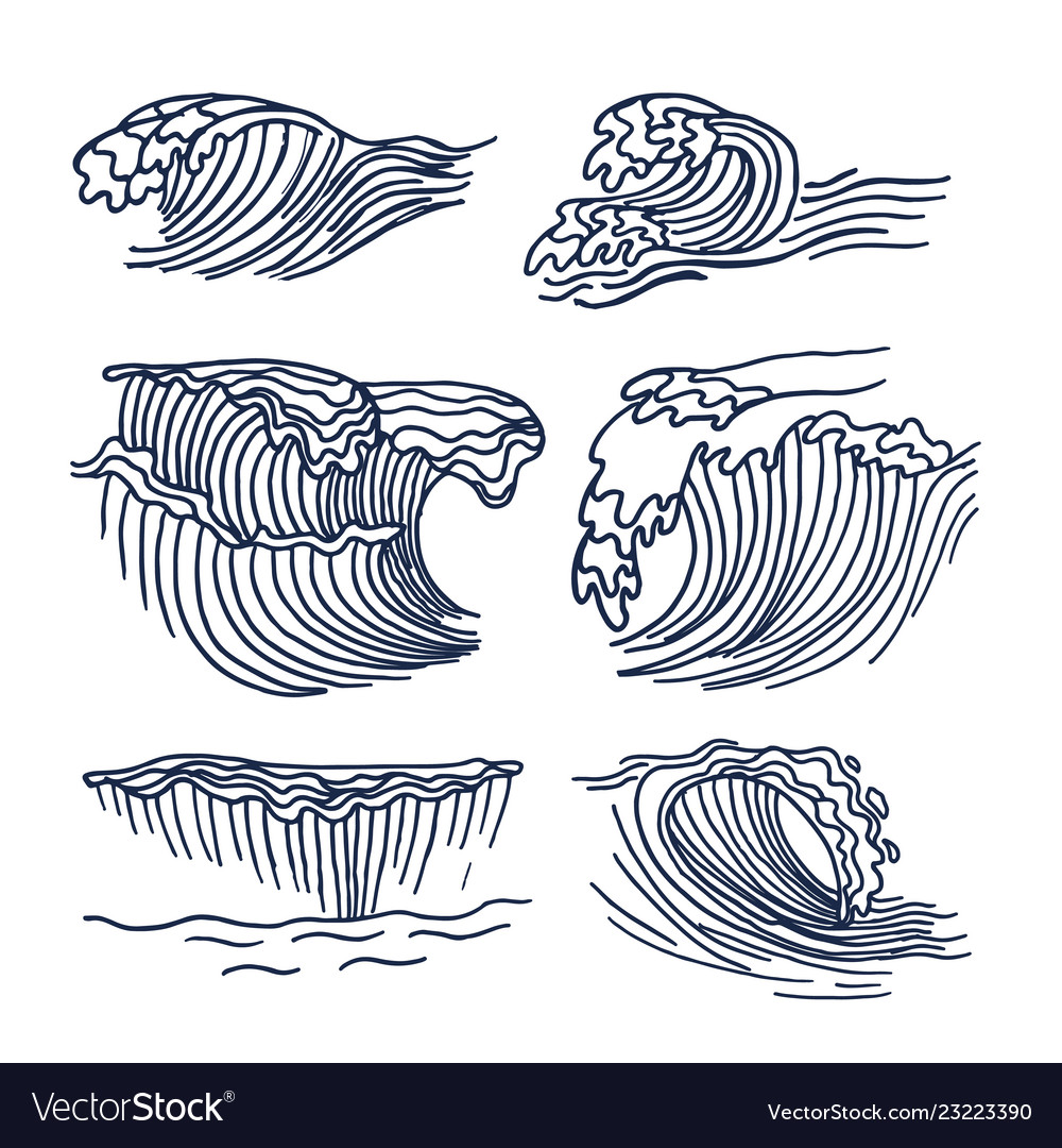 Drawing sea waves set Royalty Free Vector Image