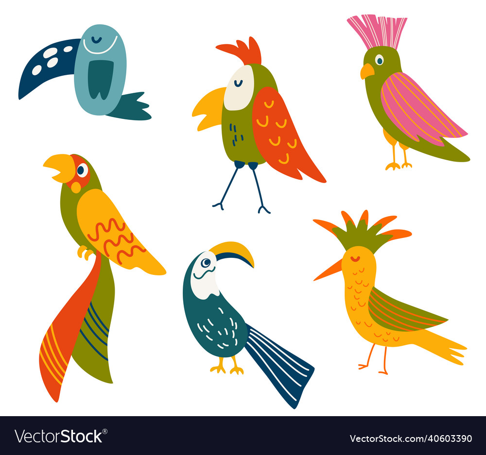 Parrots set cute cartoon different tropical birds